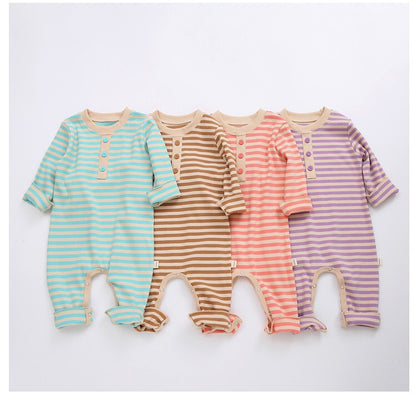 Baby Striped Graphic Quarter Button Design Soft Loose Jumpsuit Romper & Hat Or Headband My Kids-USA