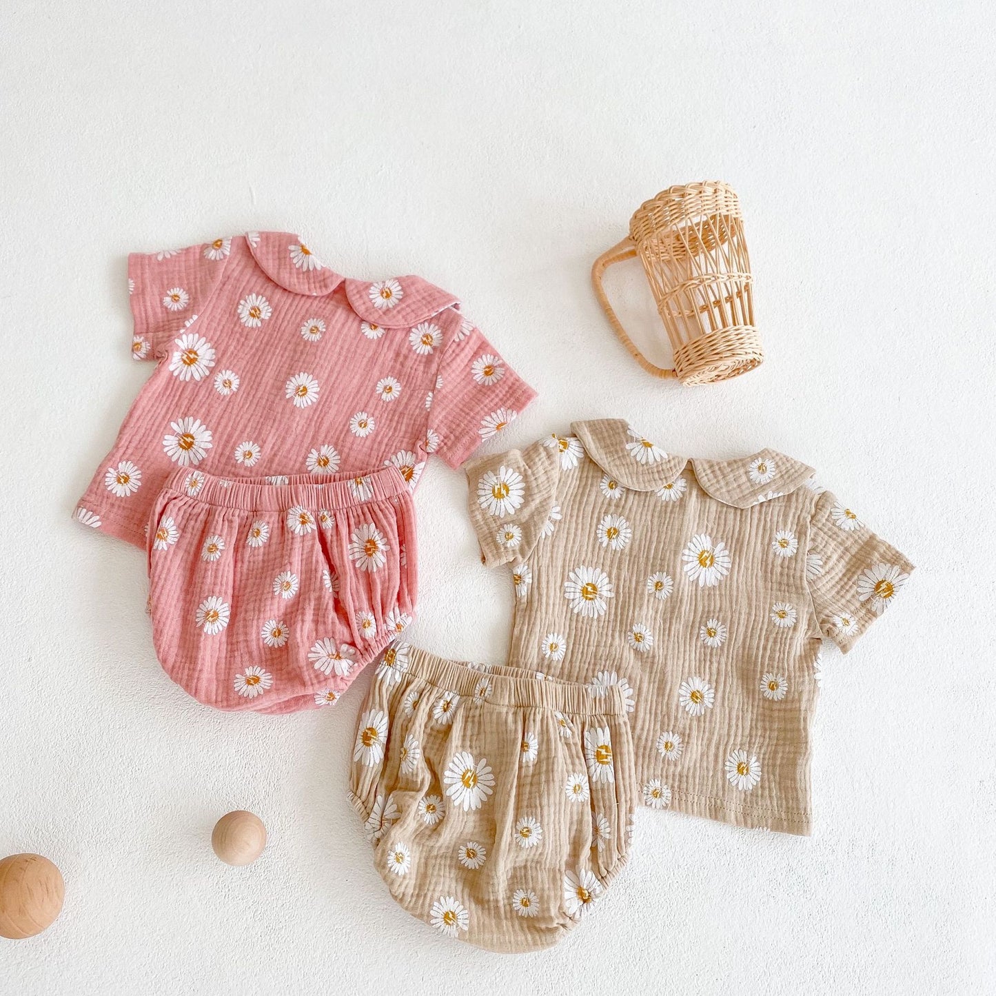 Baby Girl Floral Print Doll Collar Design Neck Buttoned Tops Combo Shorts Sets My Kids-USA