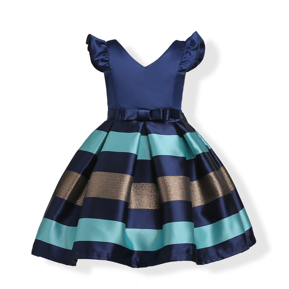 Baby Girl Striped Pattern V-Neck Western Style Formal Dress MyKids-USA Baby Girl Striped Pattern V-Neck Western Style Formal Dress MyKids-USA