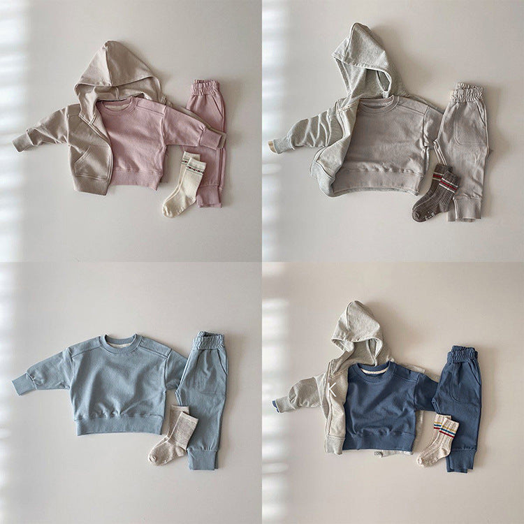 Conjuntos de piezas de pantalones combinados con capucha de color sólido para bebé y niña 