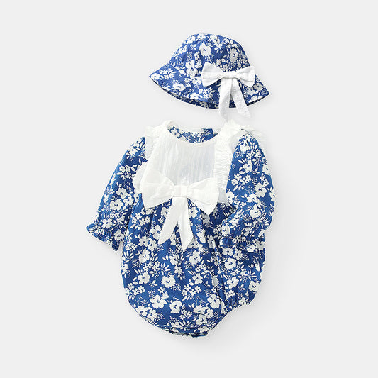 Baby Girl Blue Flower Pattern Mesh Patchwork Long Sleeve Onesies & Dress My Kids-USA