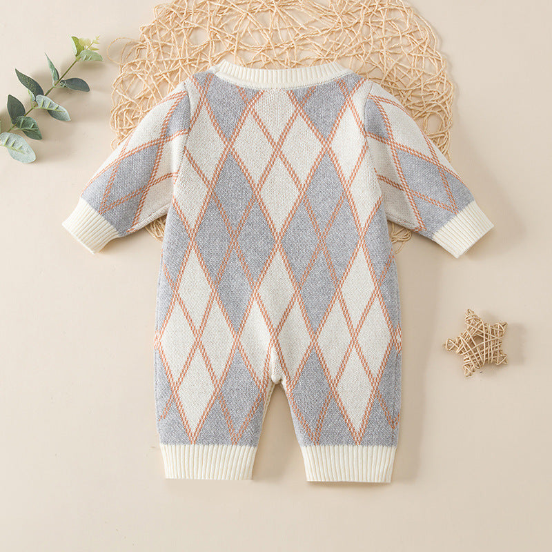 Baby Plaid Pattern Long Sleeve Knitted Autumn Romper Outfits