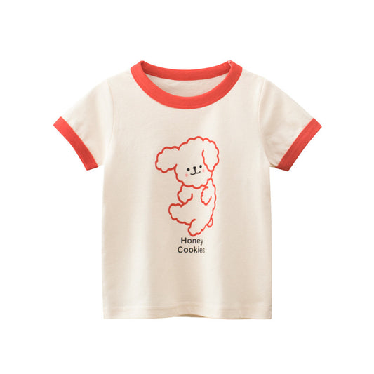 Baby Cartoon Dog Print Color Matching Neck Design T-Shirt Outfits
