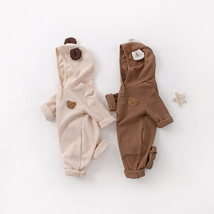 Barboteuse à manches longues en tissu gaufré à motif brodé ours de dessin animé pour bébé 
