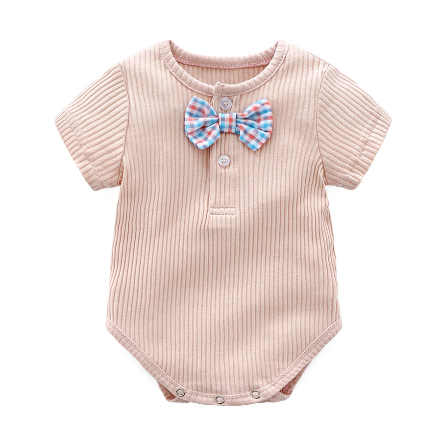 Baby Boy And Girl Solid Color Bow Tie Design Short Sleeve Buttoned Onesies, MyKids-USA®, Baby One-Pieces, MyKids-USA - Size/Age - 59 (0-3M) - Color - Pink -  -  - JM2204141617-D