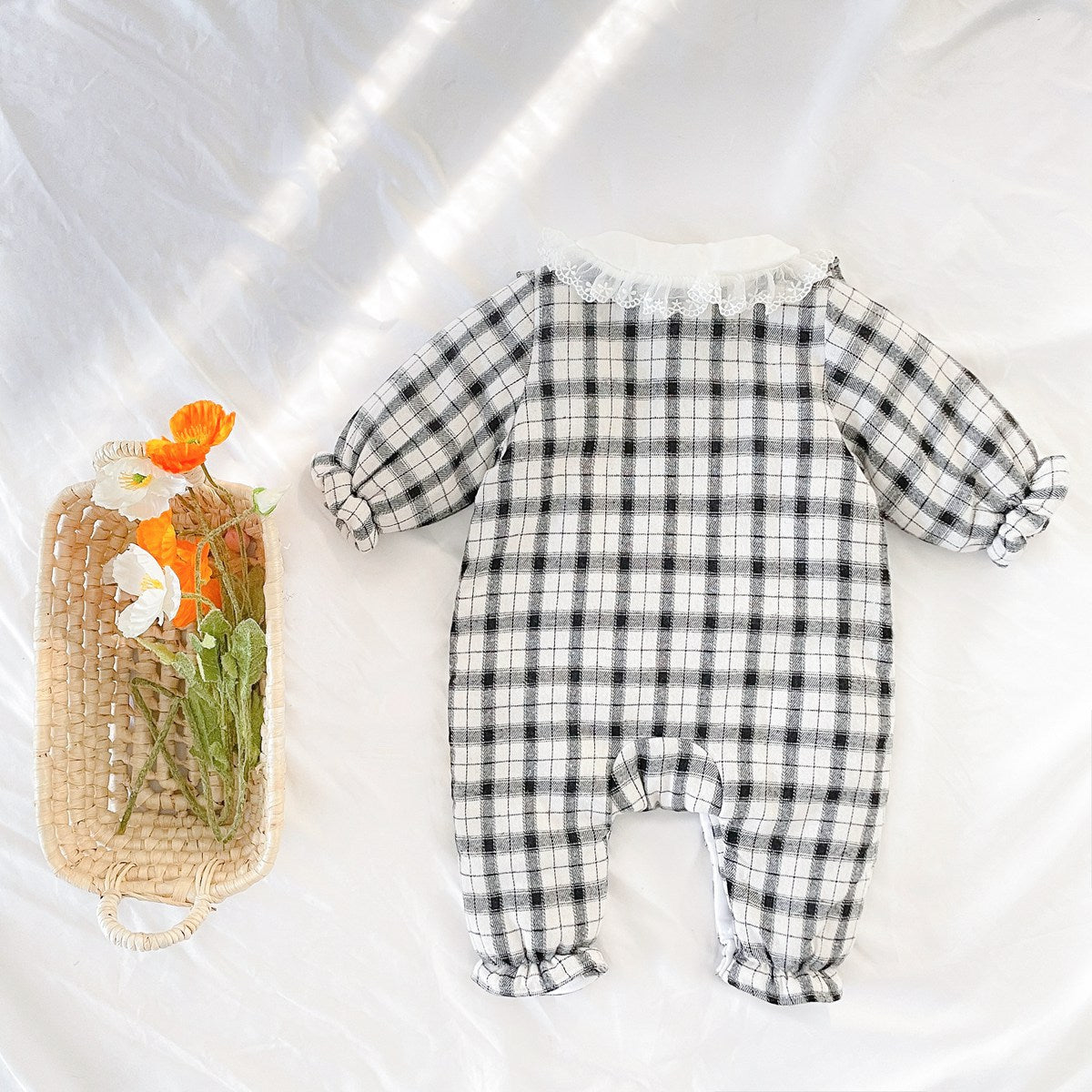 Baby Girl Plaid Pattern Frill Trim Design Thickened Thermal Cotton Jumpsuit My Kids-USA
