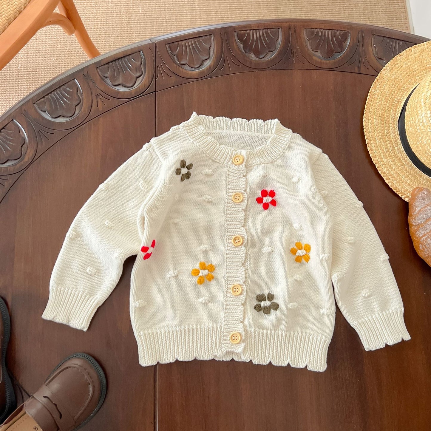 Baby Girl Flower Embroidered Graphic Single Breasted Design Knit Cardigan My Kids-USA