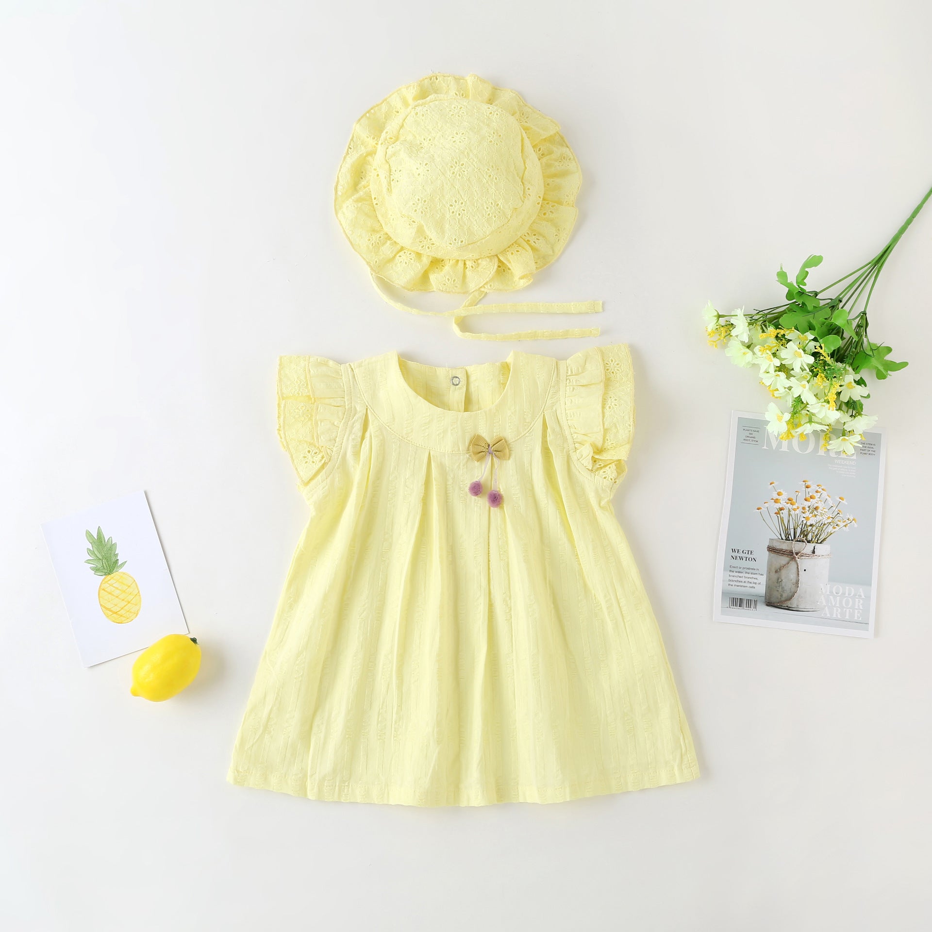 Baby Girl 1pcs Solid Color Flounce Sleeves Bow Tie Dress & Hat My Kids-USA