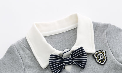 Baby Boy Badge Patched Pattern Striped Contrast Design Snap Button Front Bow Tie Rompers My Kids-USA