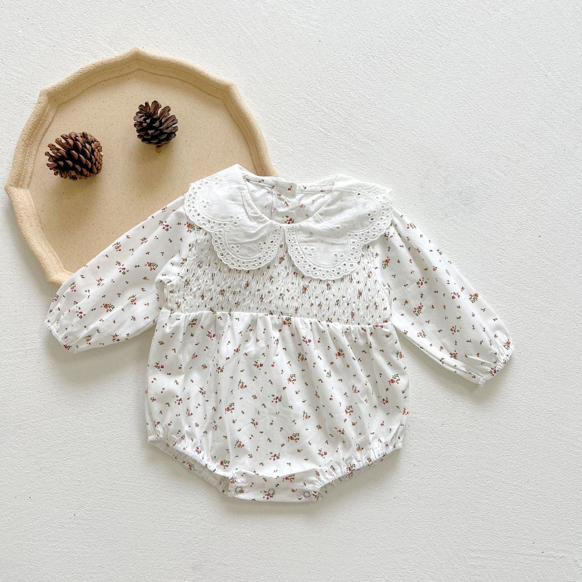 Baby Girl Floral Graphic Hollow Carved Mesh Doll Neck Long Sleeves Bodysuit My Kids-USA