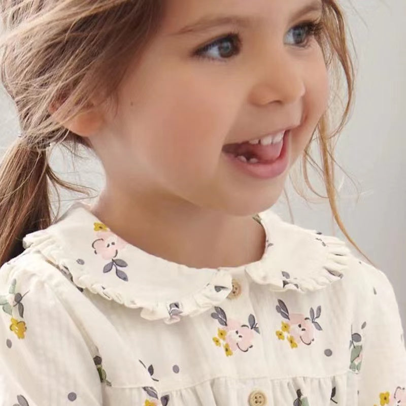 Baby Girl Ditsy Flower Print Pattern Long Sleeve Doll Neck Cute Dress My Kids-USA