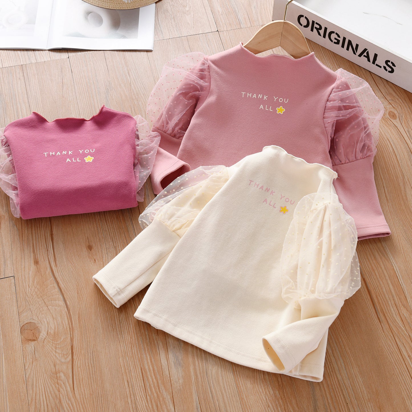 Baby Girl Cartoon Bunny EmbroBaby Girl Slogan Graphic Mesh Puff Sleeves Autumn Shirt My Kids-USA