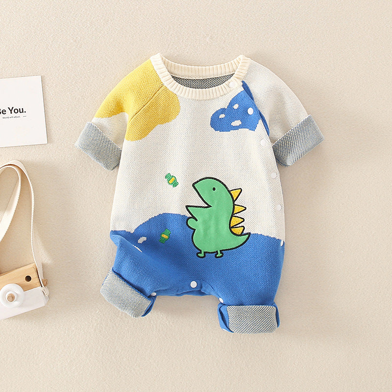 Mameluco de punto lindo con diseño de bloques de color con patrón de dinosaurio bebé 