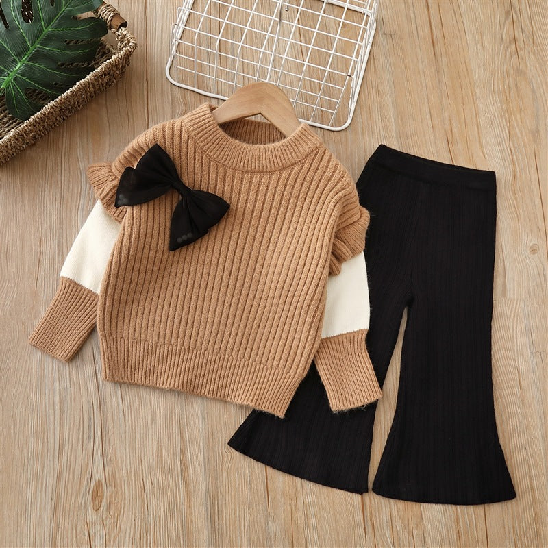Baby Solid Color Bow Patched Sweater With Pants Sets