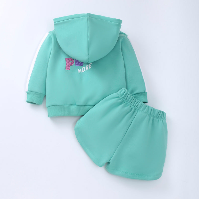 Baby Girl Letter Print Pattern Colorblock Design Hoodies With Shorts 2 Pieces Sets My Kids-USA