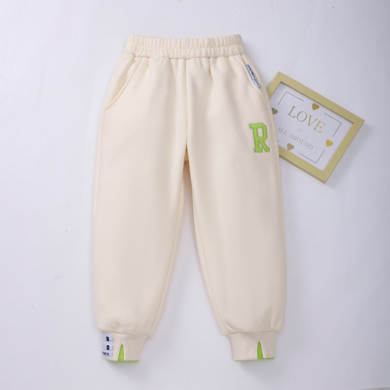 Baby 1pcs Solid Color Letter Embroidered Design Fleece Thickened Trousers My Kids-USA