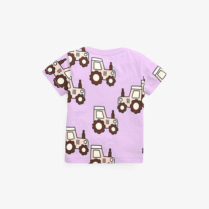 Camiseta de calidad de manga corta con patrón de estampado de camiones para bebés 