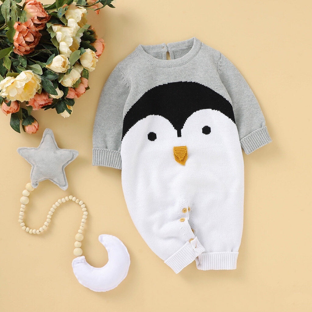 Baby Cartoon Penguin Graphic Long Sleeve Knitted Rompers My Kids-USA