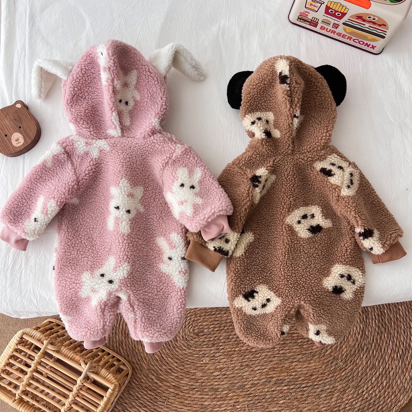 Baby Boy And Girl Bear Pattern Cute Fleece Jumpsuit In Winter My Kids-USA