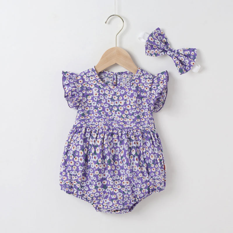 Baby Girl Floral Print Onesies With Headband In Summer Outfit Wearing My Kids-USA
