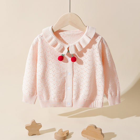 Cárdigan con parches de cereza con diseño tallado hueco de color sólido para niña bebé 