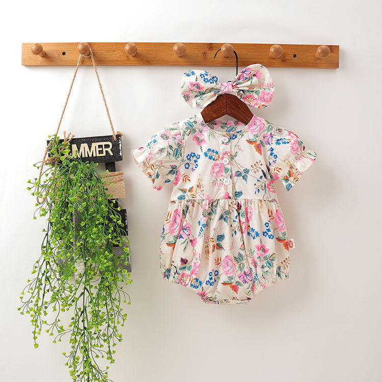 Baby Girl Floral Pattern Round Collar Bubble Sleeve Cute Onesies With Bow Hair Rope My Kids-USA