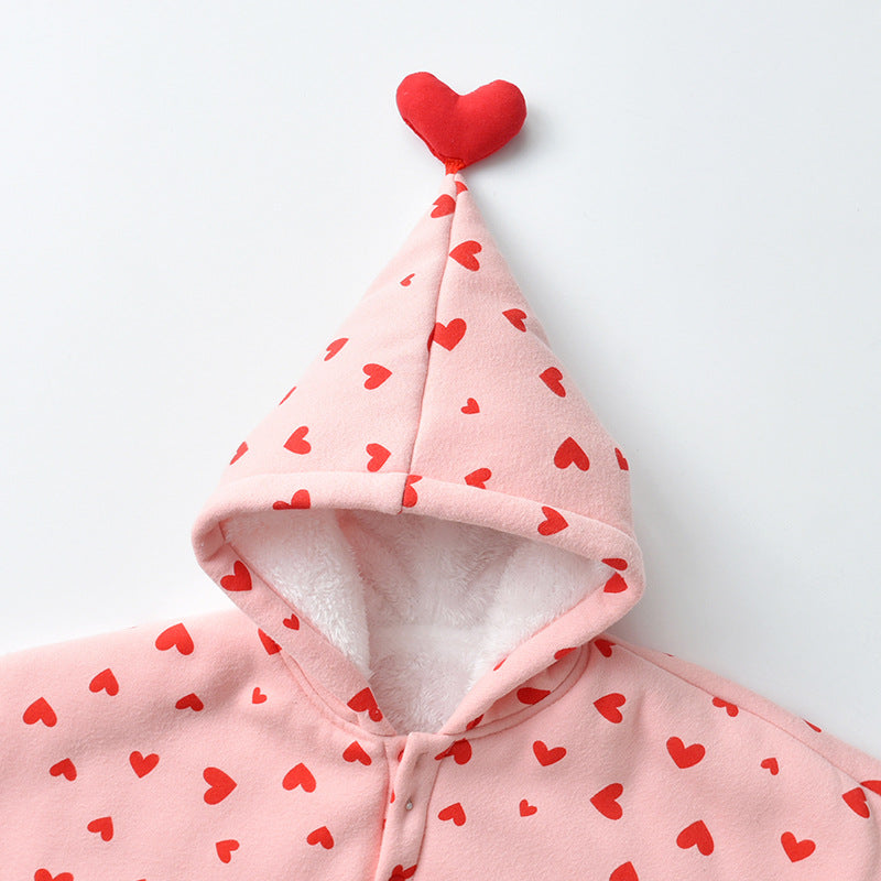 Mantón tipo capa engrosado con estampado de corazón para niña bebé 