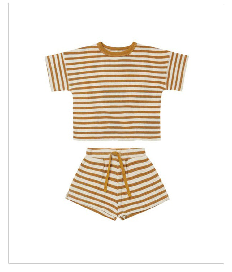 Baby Striped Pattern Color Matching Design Round Collar Short-Sleeved Top Combo Shorts Soft Sets My Kids-USA