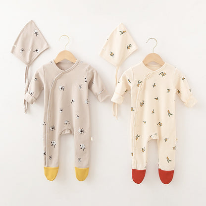 Baby Printed Graphic Side Button Design Long Sleeved Jumpsuit Romper Pajamas With Hat My Kids-USA