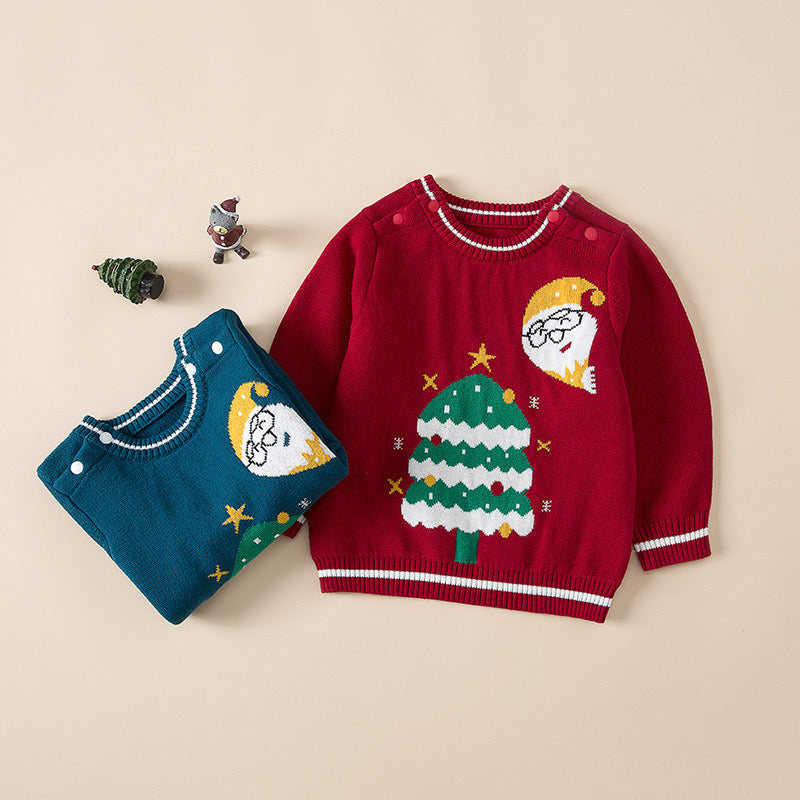 Baby Santas & Christmas Tree Graphic Shoulder Button Design Pullover Sweater My Kids-USA