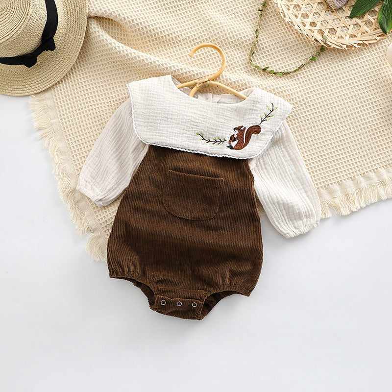 Baby Embroidered Pattern Lapel Cotton Shirt Combo Corduroy Strap Onesies Sets My Kids-USA