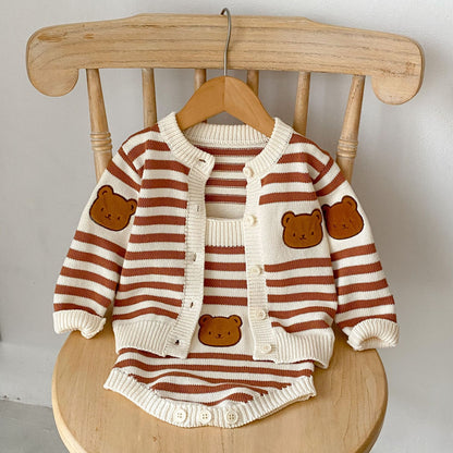 Baby Striped Pattern Cartoon Bear Patched Design Onesies With Cardigan