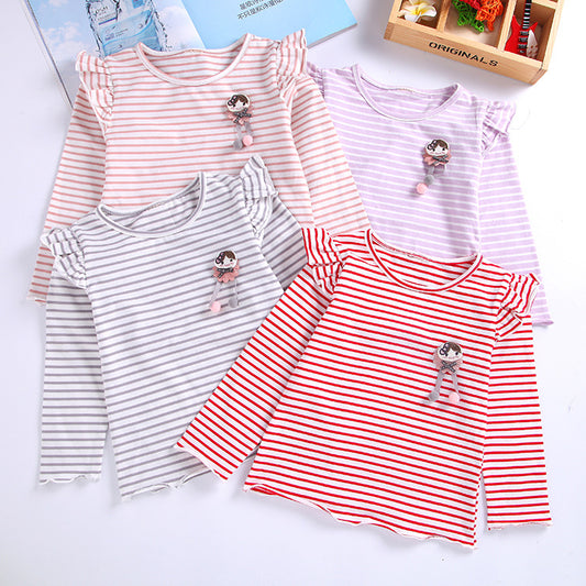 Striped Pattern Wooden Ear Edge Design Round Neck Butterfly Long Sleeve Bottoming Shirt With Cartoon Hanging Jewelry