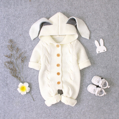 Baby Solid Color Crochet Knitted Graphic 3D Bunny Ears Patched Design Romper Jumpsuit My Kids-USA