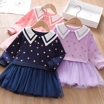 Baby Girl Fruit Pattern College Style Lapel Design Mesh Patchwork Dress My Kids-USA