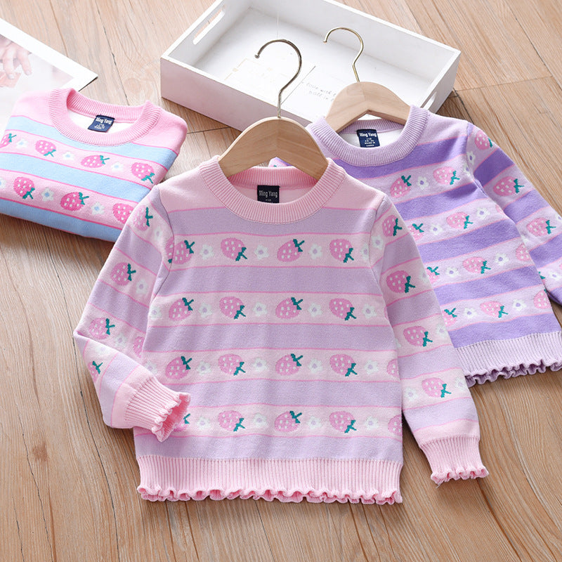 Baby Girl Strawberries Pattern Striped Design Pullover Knitted Sweater My Kids-USA