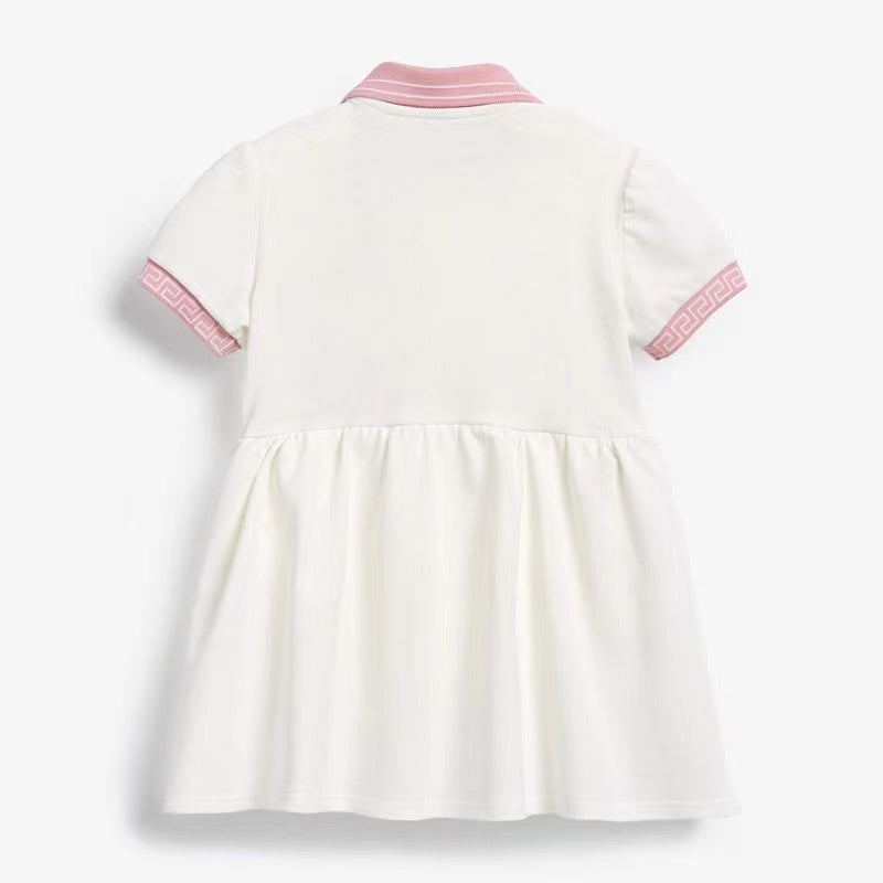 Kids Solid White Patchwork Pink Collar Short-Sleeved Dress My Kids-USA