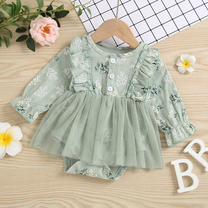 Baby Girl 1pcs Allover Grass Embroidered Graphic Mesh Overlay Dress Longsleeve Onesies My Kids-USA