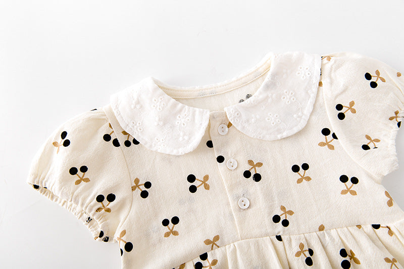 Baby Girls Cherry Print Doll Collar Design Neck Buttoned Puff-Sleeved Dress Onesies
