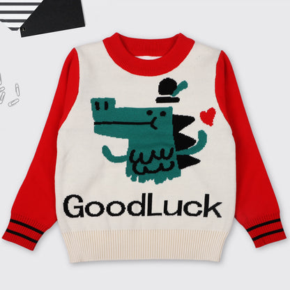 Baby Boy Cartoon Dinosaur Graphic ColorBlock Sleeves Design Fashion Pullover Sweater My Kids-USA