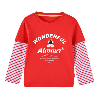 Baby Astronaut Graphic Striped Sleeves Patchwork Design Long Sleeves O-Neck Shirt My Kids-USA