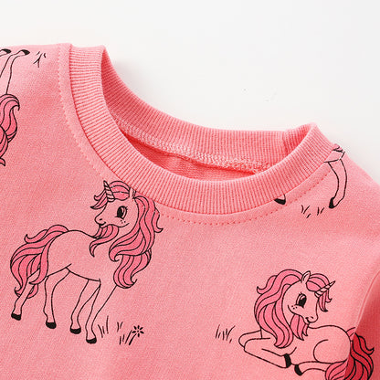 Baby Girl All Over Unicorn Print Pattern O-Neck Cotton Hoodie