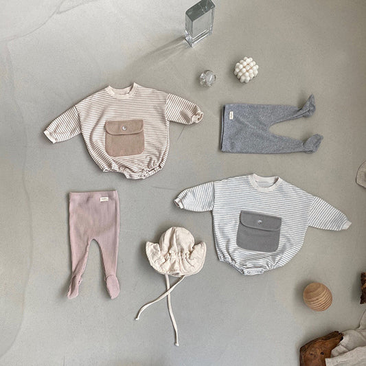 Baby Girl Striped Pattern Big Pocket Design Newborn Bodysuit
