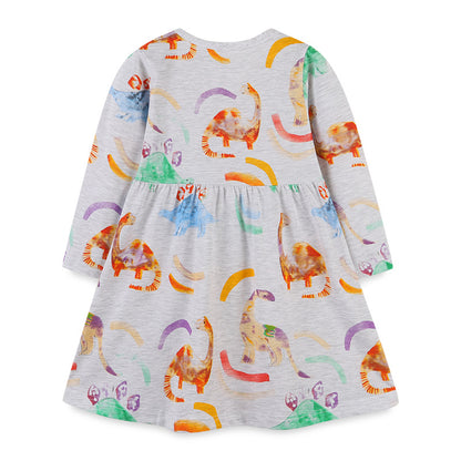 Baby Girl Dinosaur Print Pattern Long Sleeve Autumn Dress My Kids-USA