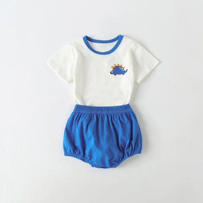 Baby Cartoon Dinosaur Pattern Contrast Neck Tee Combo Solid Shorts Sets My Kids-USA