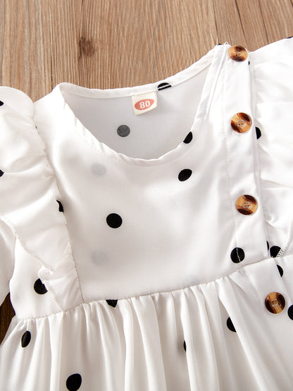 Baby Girls Polka Dot Pattern Ruffle Design Buttoned Puff-Sleeved Dress