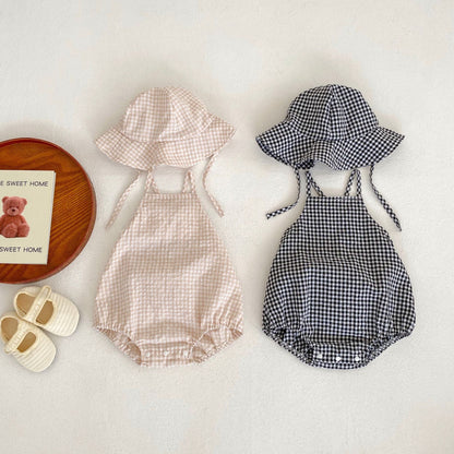 Baby Girl Plaid Pattern Wings Patched Design Sling Onesies
