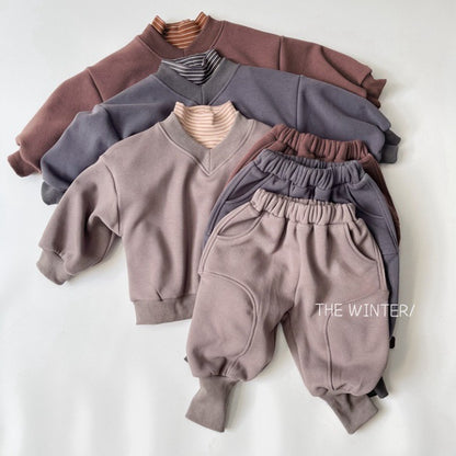 Baby Solid Color V-Neck Hoodies Combo Pants Casual Fleece Thickened Sets My Kids-USA