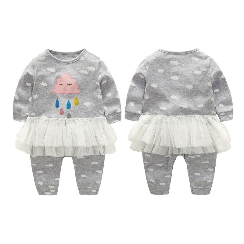 Baby Girl Cloud Print Pattern Mesh Patchwork Design Long Sleeved Cute Romper Jumpsuit My Kids-USA