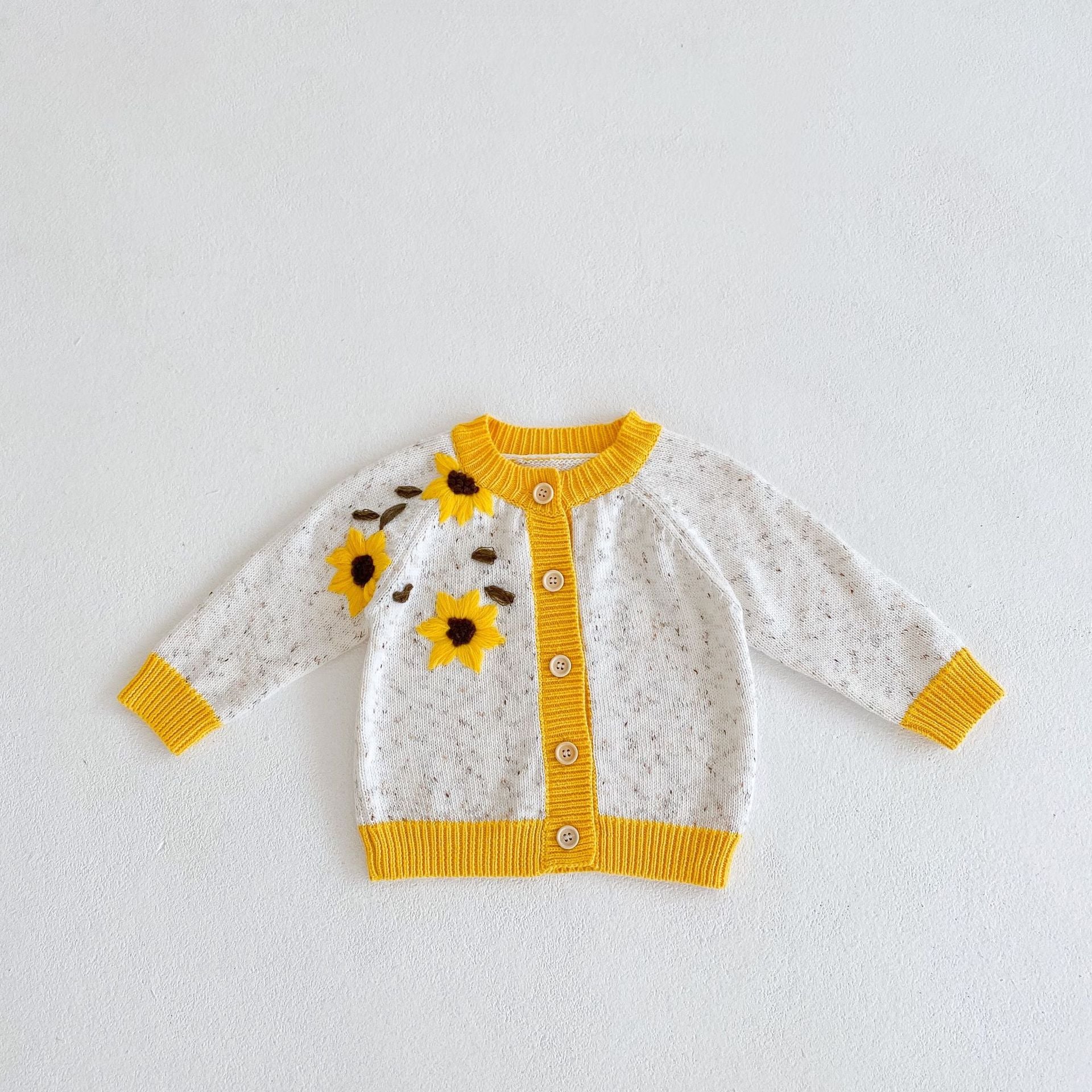 Baby Girl 1pc Sunflower Embroidered Graphic Buttoned Front Contrast Knitted Cardigan My Kids-USA
